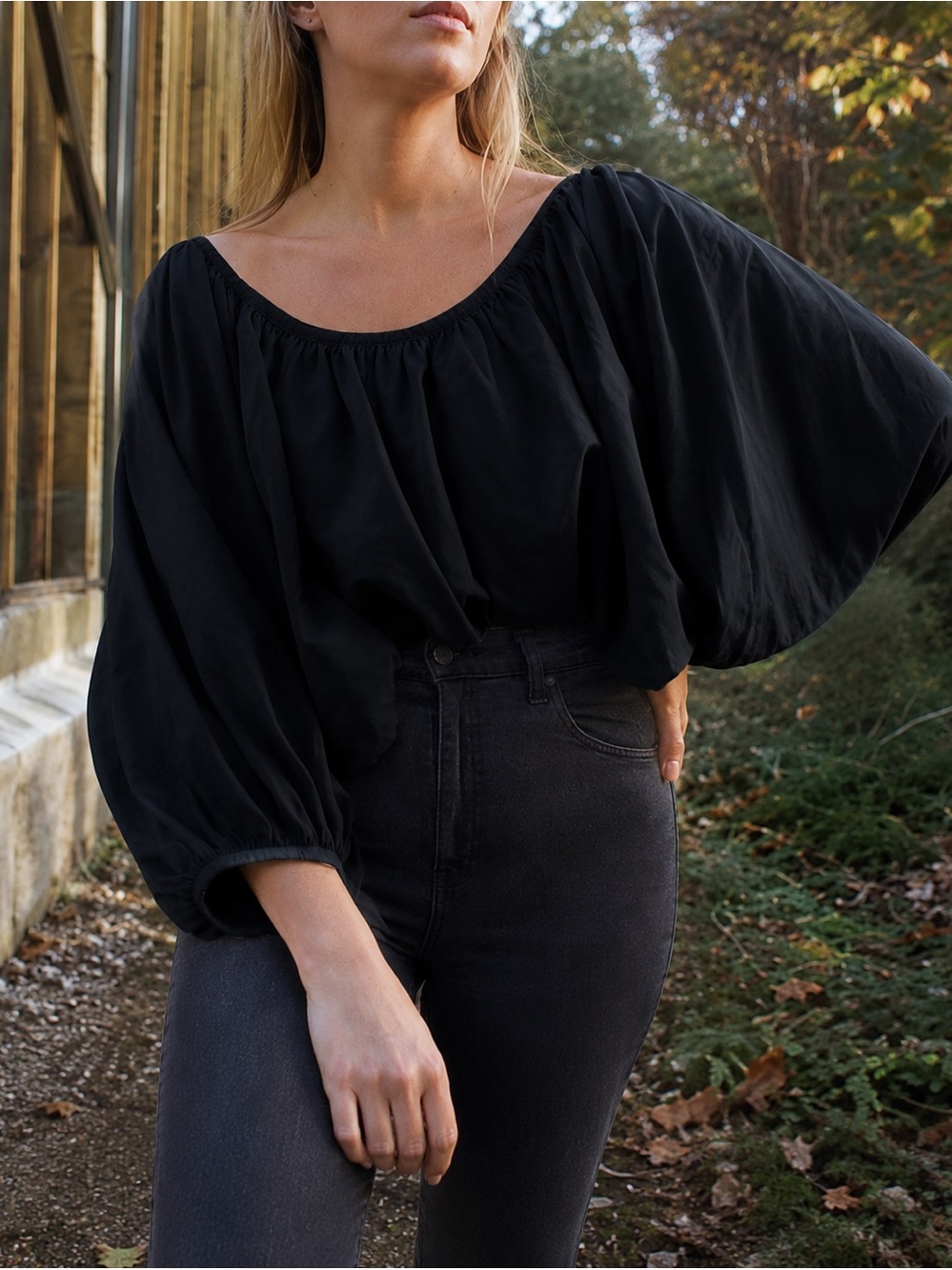 Rudy Jude Gather Blouse Top Black Peasant Blouse